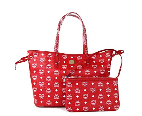 MCM Red White Reversible Visetos Monogram Tote With Pouch MWP8AVI62RV001
