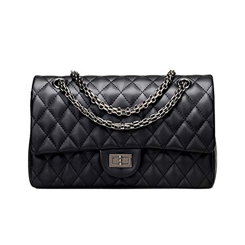 Branded Classic Medium Black Quilted Soft Leather Shoulder Crossbody Handbag for Woman