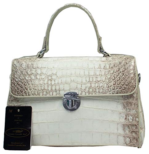 Authentic M Crocodile Skin Womens Belly Clutch Bag Purse Hobo Button W/Strap White Handbag