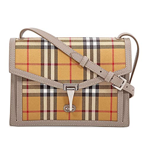 Burberry Taupe Brown Small Macken Vintage Check Leather Canvas Bag Handbag New