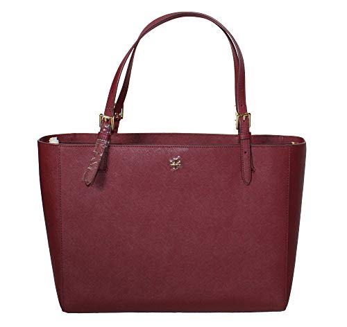 Tory Burch Emerson Large Buckle Tote Saffiano Leather Handbag 49125 (Imperial Garnet)