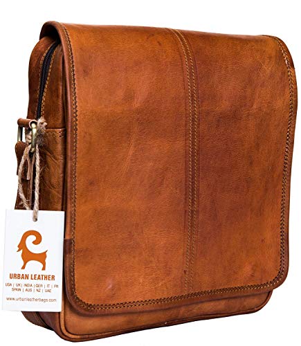 Urban Leather 12 Inch Vertical Messenger Bag | Handmade Sling Satchel Brown Handbag Purse for Men Women Boys Girls Outing Travel Passport Bags with Natural Textures, Size 12 Inch