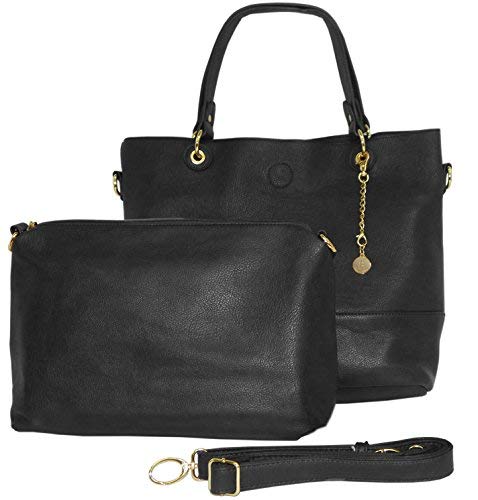 2 in 1 Tote Leatherette Handbag Removable Pouch Detachable Strap-Black