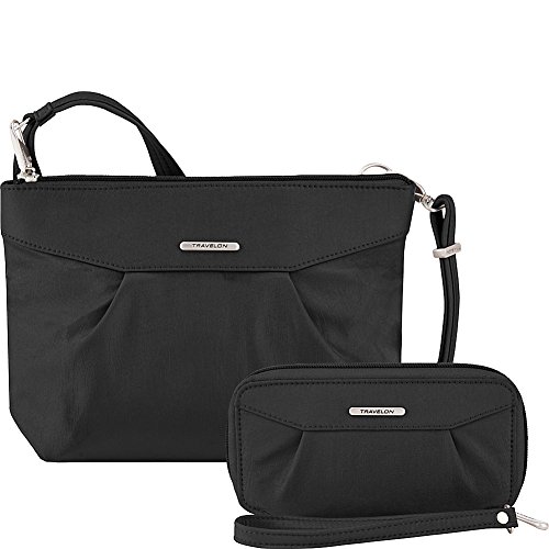 Travelon Anti-Theft Crossbody and RFID Clutch – Small Handbag & Wallet Set for Travel & Everyday – (Black/Dusty Rose Interior)