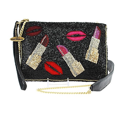MARY FRANCES Kiss Me Beaded Lipstick, Embroidered Kisses Top-Zip Cross-Body Mini Handbag