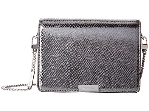 Michael Kors Jade Medium Gusset Snake Skin Embossed Leather Clutch Crossbody Handbag in Light Pewter