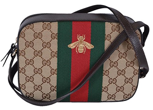 Gucci Women’s Canvas and Leather Green Red Web BEE Crossbody Bag (Beige)