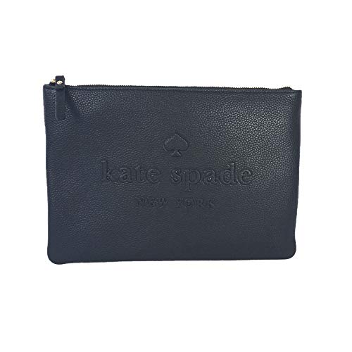 Kate Spade Gia Large Pouch Soft Pebbled Leather Logo Embossed Clutch Bag Black
