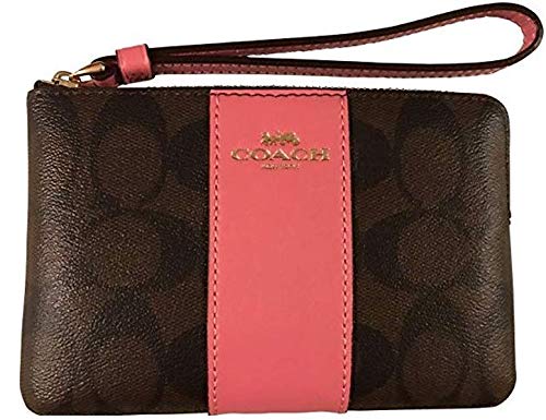 Coach Coach Signature PVC and Leather Corner Zip Wristlet (Brown/Strawberry)