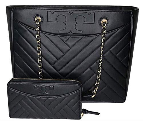 Tory Burch Alexa Flat Quilted Tote bundled with Tory Burch Alexa Zip Continental Wallet (Black)