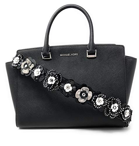 MICHAEL Michael Kors Selma Large TZ Satchel Handbag Tote with 3D Stud Floral Strap Black 35S9SLMS7L