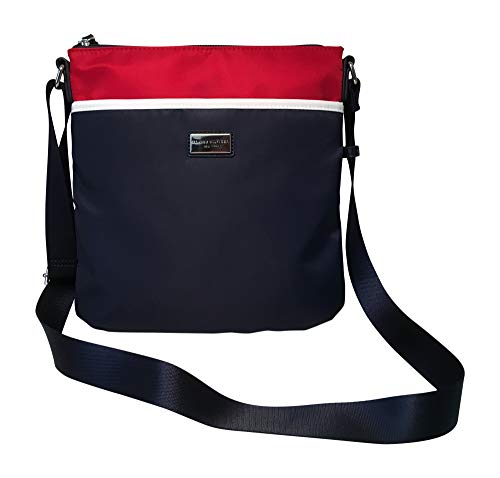 Tommy Hilfiger Nylon Crossbody Shoulder Bag with Polished Silver Tone Hardware, Red White and Blue Colorblock