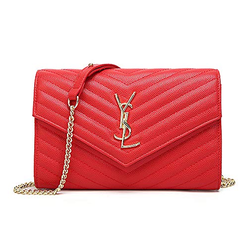 Fashion Crossbody Bag for Women Leather Quilted Shoulder Purse With Golden Chain Strap (Red)