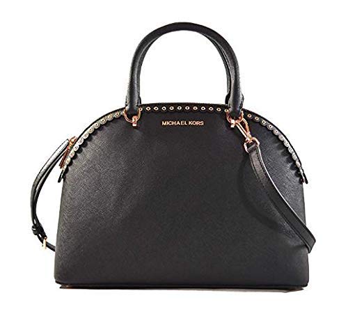 Michael Kors Emmy Large Dome Satchel Saffiano Leather Studded Scalloped Edge Shoulder Bag Purse Handbag (Black)