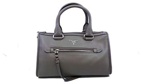 Prada Women’s Argilla Gray Bauletto Vitello Phenix Leather Tote Satchel Handbag 1BB022
