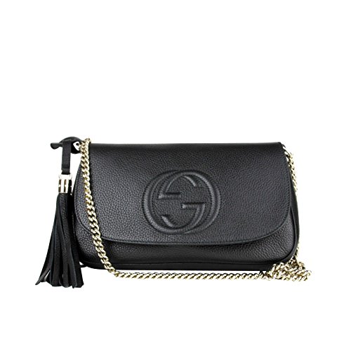 Gucci Interlocking GG Black Leather Chain Strap Flap Shoulder Bag 336752 1000