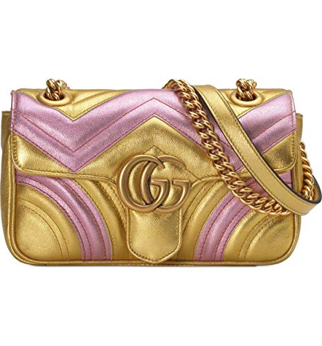 Gucci Mini Marmont 2.0 Metallic Leather Shoulder Bag Handbag Metallic Pink Gold New