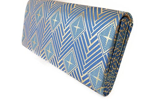 Diamond shape Connect Pattern- Clutch Bag, Nishijin KINRAN Blue×Gold colour