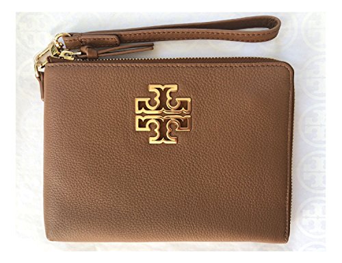 Tory Burch Britten Large Pebbled Leather Zip Pouch Wristlet (Bark)