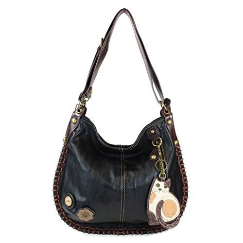 Chala Handbag Charming Hobo Large Tote Bag LAZZY CAT Black Vegan Leather Convertible