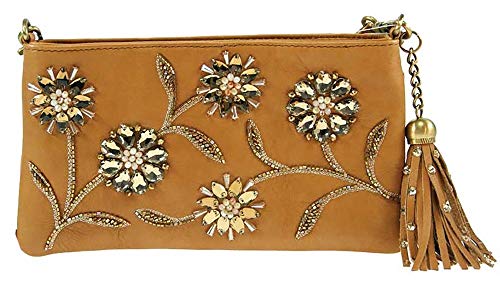 Mary Frances ‘Sweet Caramel’ Beaded Bejeweled Embellished Leather Tassel Trim Cross-Body Handbag
