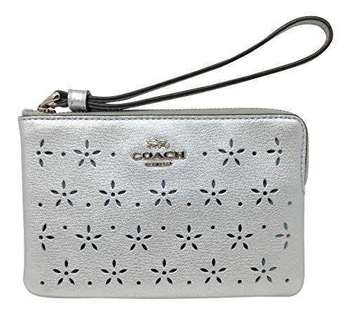Coach Floral Perforated Corner Zip Small Wristlet Silver Cornflower F67608