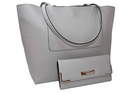 New Nine West Logo Purse XL Hand Bag & Matching Check Wallet 2 Piece Set Gray