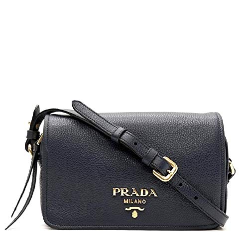 Prada Womens Vitello Phenix Shoulder Flap Navy Blue Leather Crossbody Bag 1BD163 (Navy Blue)