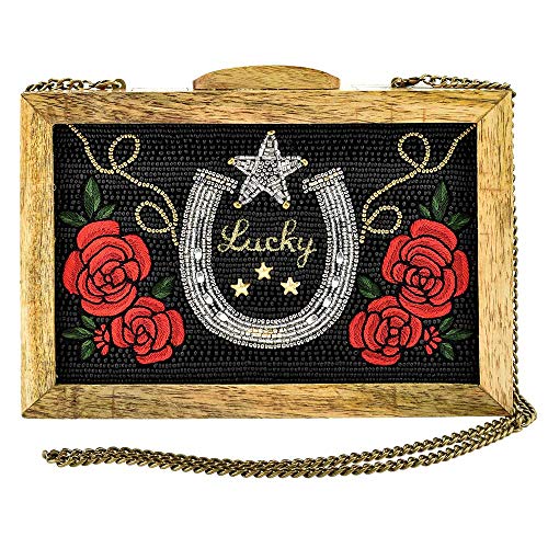 Mary Frances Lucky Star Beaded Wood Frame Crossbody Handbag Purse, Multi