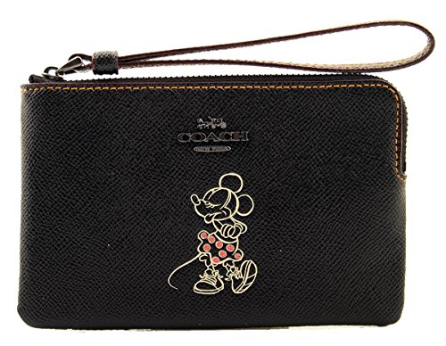 Coach x Disney Corner Zip Leather Wristlet with Minnie Mouse in Black