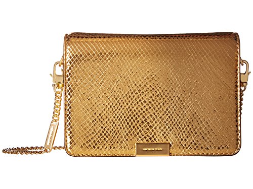 Michael Kors Jade Medium Gusset Snake Skin Embossed Leather Clutch Crossbody Handbag in Gold