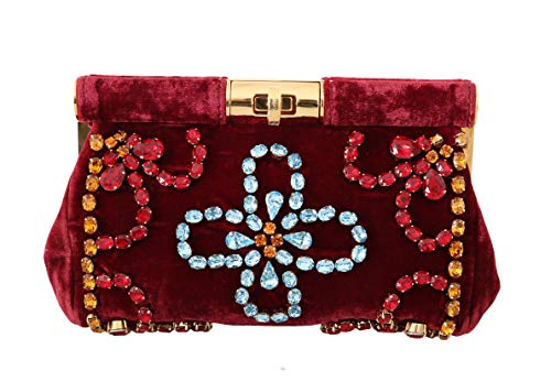 Dolce & Gabbana Red Velvet Gold Ricamo Crystal Party Clutch Purse