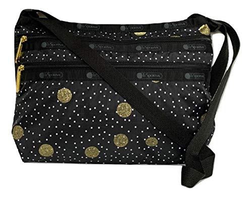 LeSportsac Black Sand Quinn Crossbody Handbag, Style 3352/Color F196, Black/White Polka Dots & Metallic Glitter Gold Circles