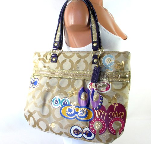 Coach Poppy Pop Art Signature C Glam Applique Tote Bag Handbag Khaki Multi Style 15307