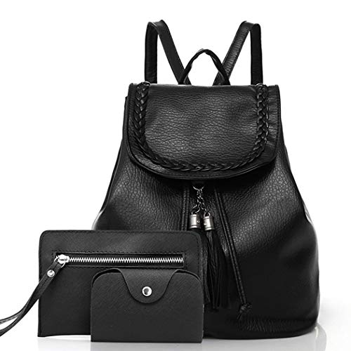 Susens 3PCS Women Solid Tassel Adjustable Strap Backpack Shoulder Bag Wallet Card Holder Set Backpacks