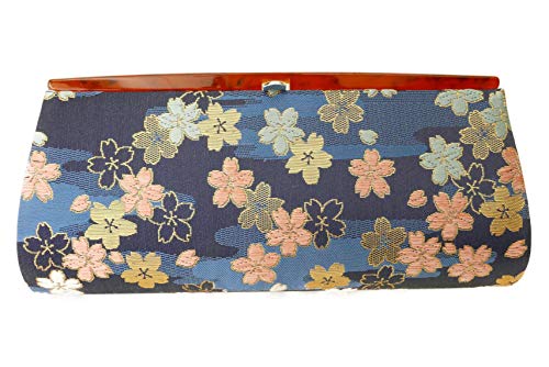 Sakura Pattern”Cherry Blossoms”- Clutch Bag, Nishijin KINRAN Navy Blue