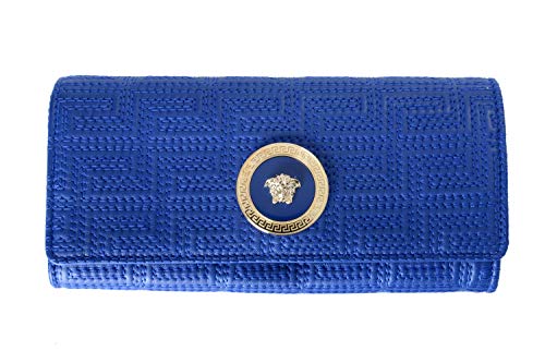 Versace 100% Leather Blue Logo Embellished Women’s Clutch Wallet