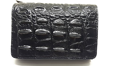 Memon Authentic Crocodile Leather Black (Backbone&Belly) Trifold Coin Window Wallet Clutch Card Snap Purse (fresh water crocodile)